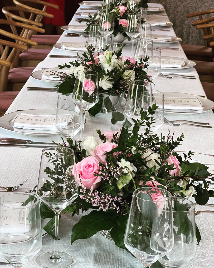 Pink and white flower centerpieces. Centerpieces for rehearsal dinner, Charleston. Mt Pleasant centerpieces for rehearsal dinner. Party centerpieces.