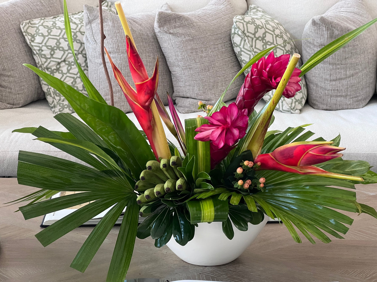 Tropical florals for lobby. Hotel floral arrangement. Tropical flowers. Hotel flowers. Hotel florist in Charleston.