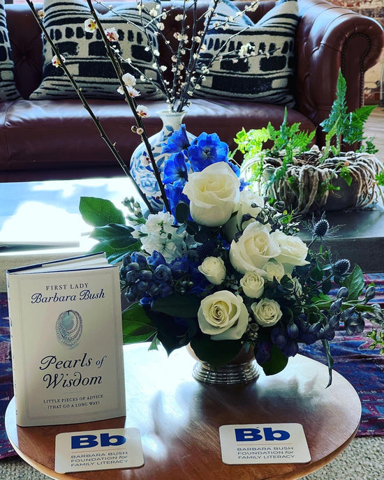 Blue and white florals for book signing in Charleston, SC.