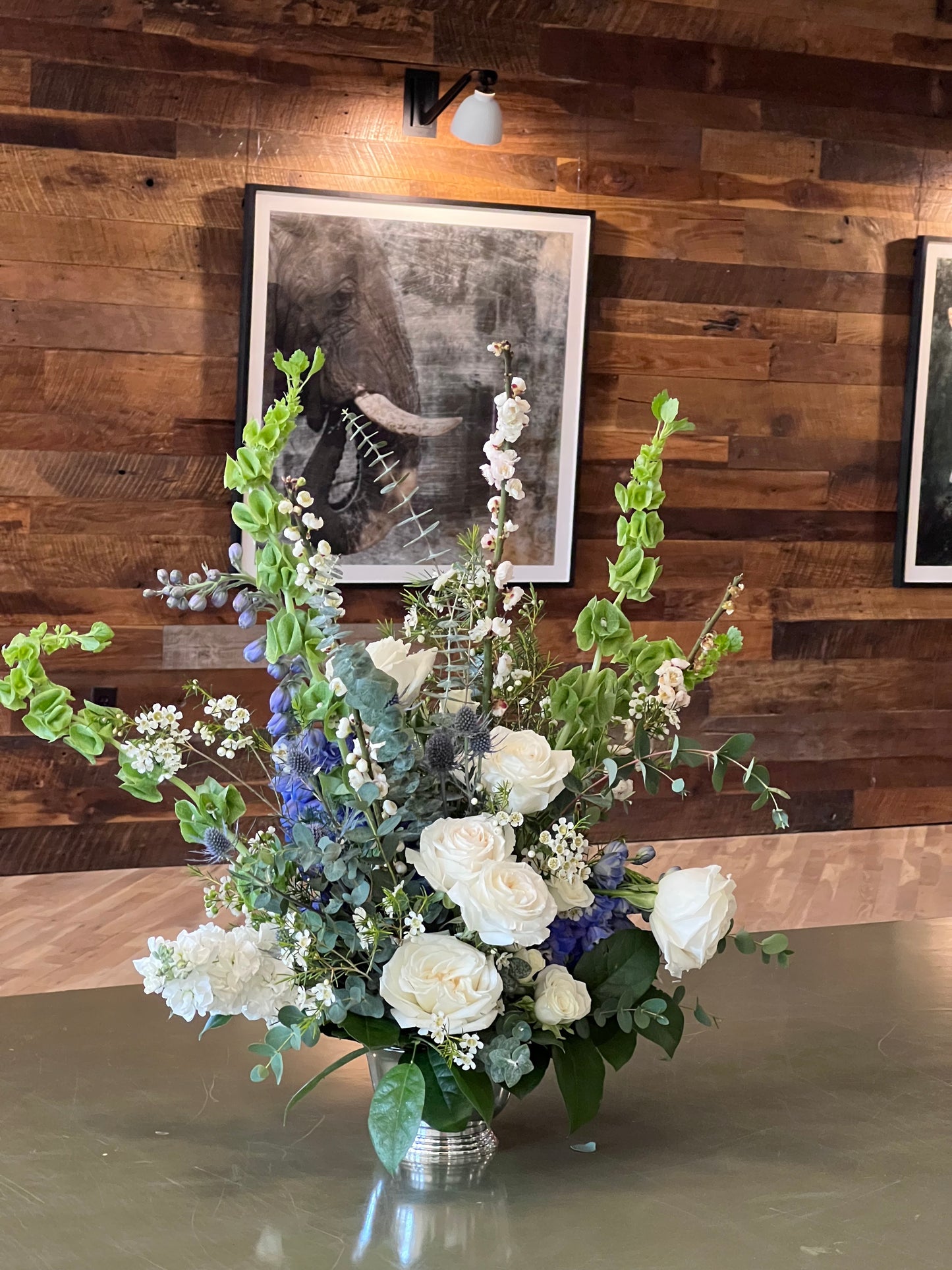 Large floral arrangement.  Gorgeous blue and white floral centerpiece for event.  Event florist in Charleston, SC.