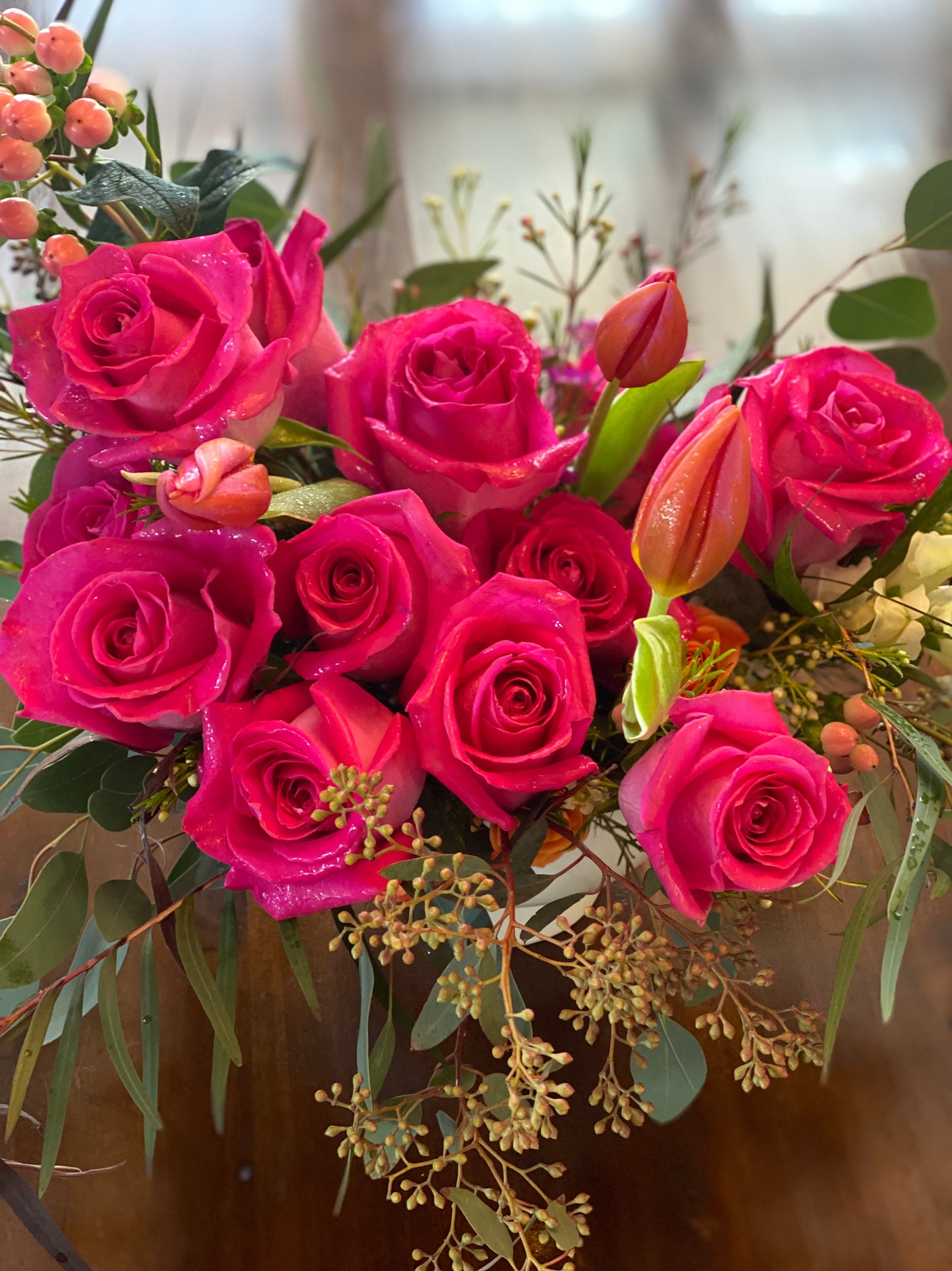 Hot pink roses. Dozen hot pink arrangement. Stunning roses. 3 doz roses.