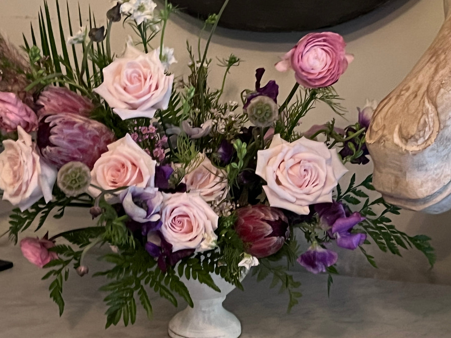 Large pink florals in hotel lobby, Charleston. Charleston hotel lobby florals. Charleston florist.